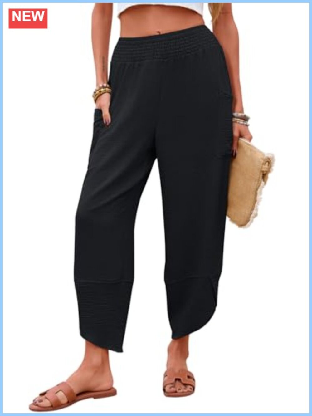 Newchoice Women's Palazzo Capri Pants Smocked Waist Wide Leg Harem Pockets